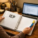 A parent organizes IEP documents and progress reports at home, preparing for a meeting to advocate for their child with a learning disability.