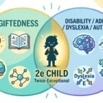 Venn diagram showing twice-exceptional (2e) children at the intersection of giftedness and learning disabilities, ADHD, or autism.