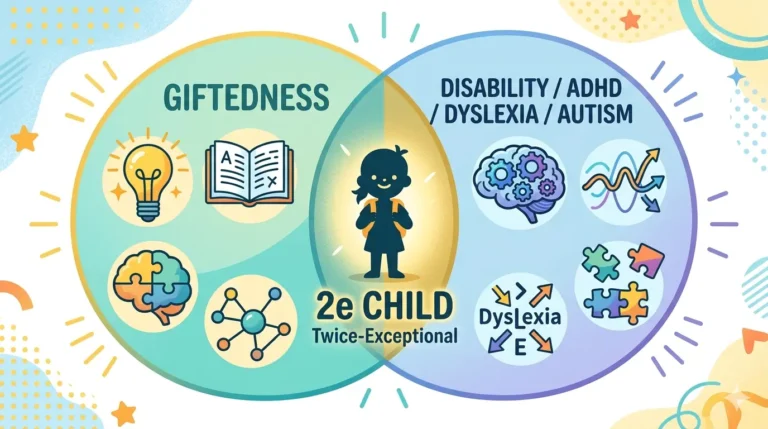 Venn diagram showing twice-exceptional (2e) children at the intersection of giftedness and learning disabilities, ADHD, or autism.