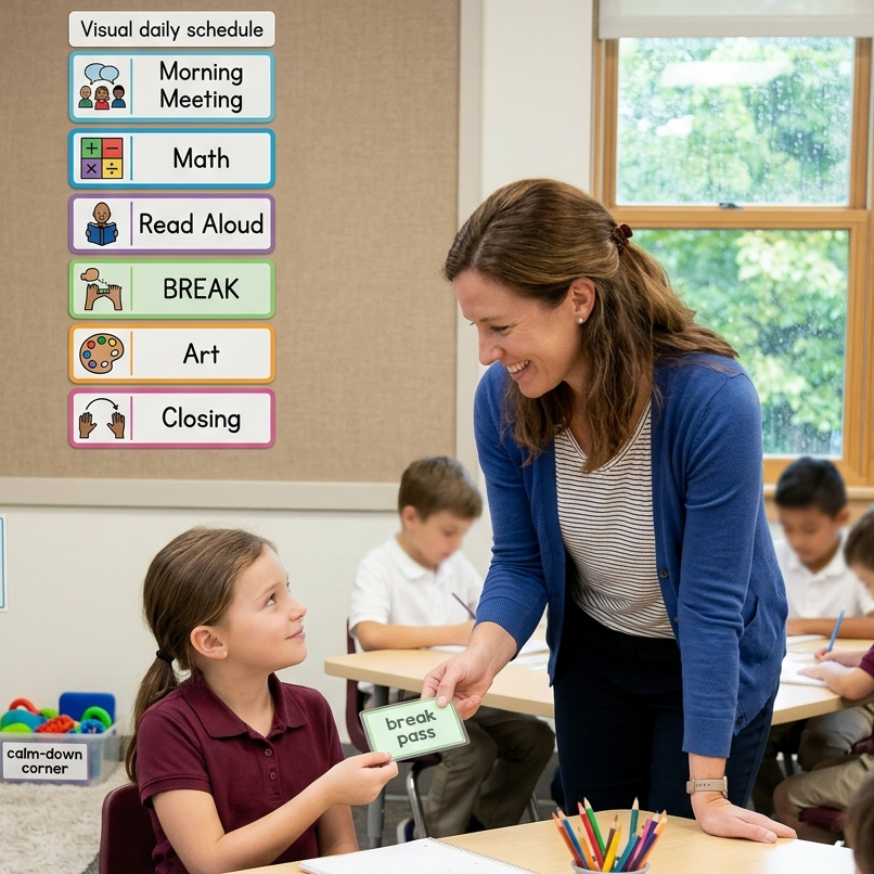 A teacher provides a break pass to a student, a proactive strategy for managing externalizing behaviors and preventing escalation in the classroom.