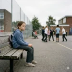 A child showing internalizing behaviors such as social withdrawal, sitting alone at school while peers play nearby.