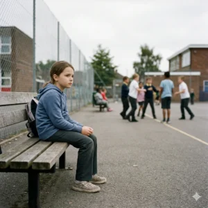 A child showing internalizing behaviors such as social withdrawal, sitting alone at school while peers play nearby.