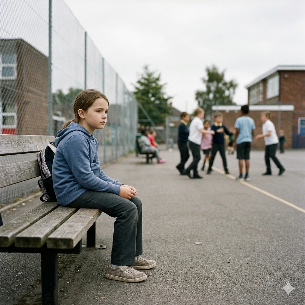 A child showing internalizing behaviors such as social withdrawal, sitting alone at school while peers play nearby.