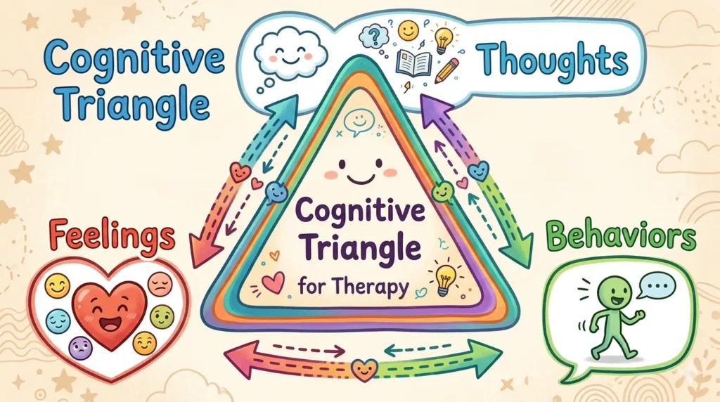 Illustration of the Cognitive Triangle used in CBT for children with emotional and behavioral disorders, showing thoughts, feelings, and behaviors connections.