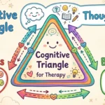 Illustration of the Cognitive Triangle used in CBT for children with emotional and behavioral disorders, showing thoughts, feelings, and behaviors connections.