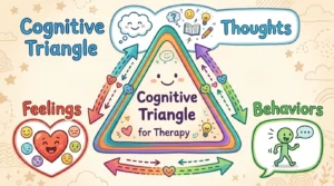 CBT for Children with Emotional and Behavioral Disorders: A Parent's Guide to Treatment Illustration of the Cognitive Triangle used in CBT for children with emotional and behavioral disorders, showing thoughts, feelings, and behaviors connections.