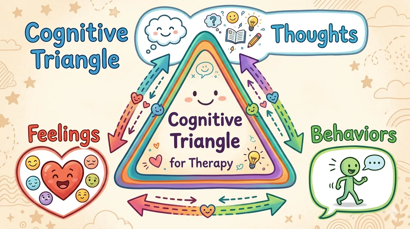 Illustration of the Cognitive Triangle used in CBT for children with emotional and behavioral disorders, showing thoughts, feelings, and behaviors connections.