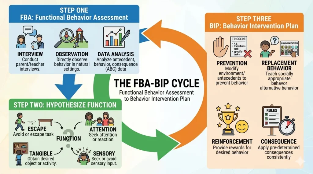 Diagram showing the FBA to BIP process for a behavior intervention plan for a child, including function of behavior and key BIP components.