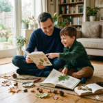 A parent and child explore nature together at home, using books and tools for hands-on gifted child enrichment without pressure.