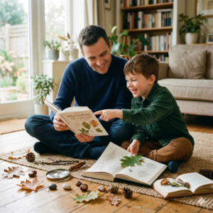 A parent and child explore nature together at home, using books and tools for hands-on gifted child enrichment without pressure.