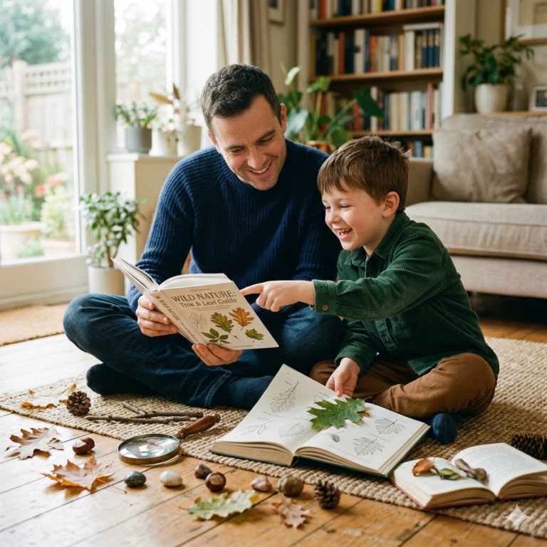 A parent and child explore nature together at home, using books and tools for hands-on gifted child enrichment without pressure.