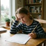 A gifted child showing signs of underachievement, appearing frustrated and disengaged with homework despite high intellectual potential.