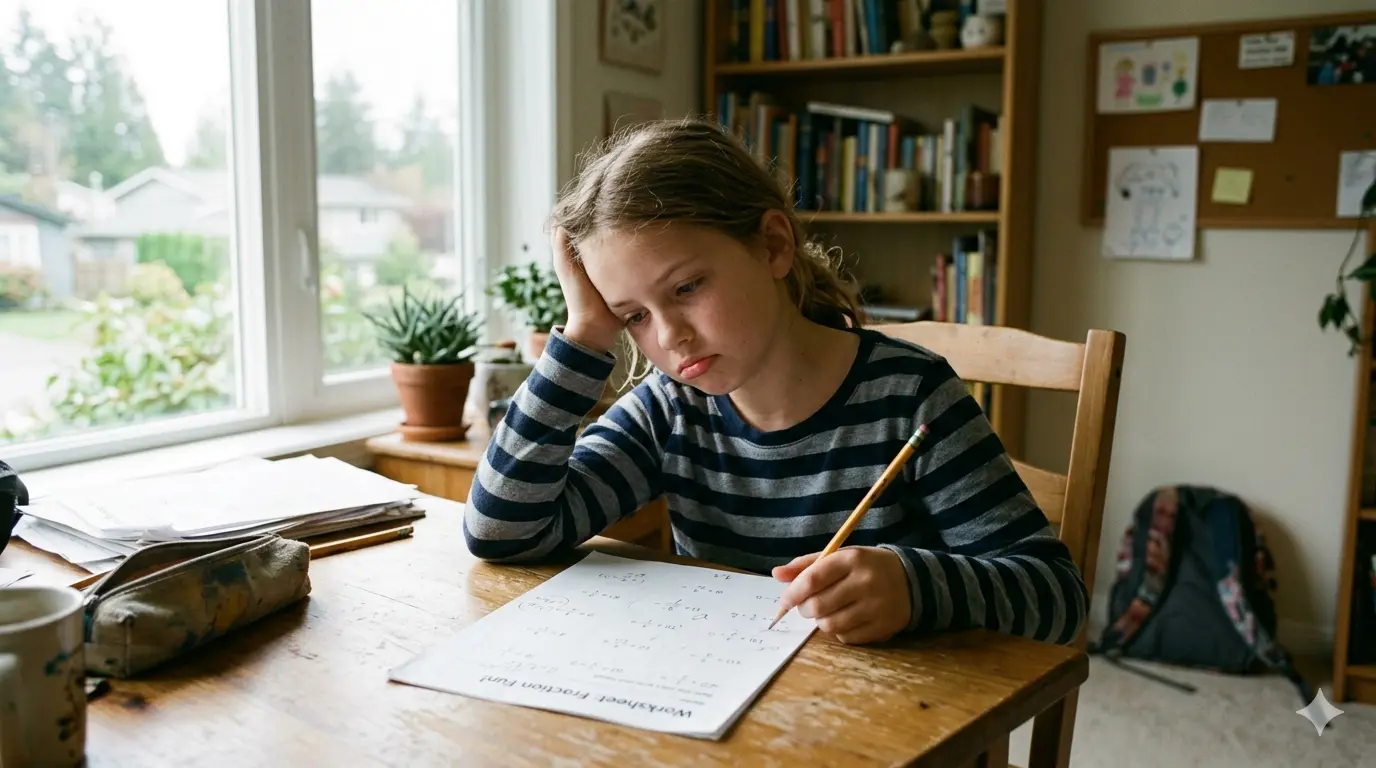 A gifted child showing signs of underachievement, appearing frustrated and disengaged with homework despite high intellectual potential.