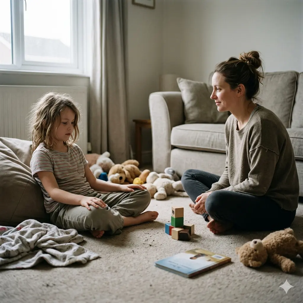 A parent sits calmly with their child after an outburst, using de-escalation strategies to manage externalizing behaviors at home.