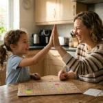 A parent uses a token board and positive reinforcement, a core technique in parent training for children with behavioral problems, to encourage cooperation.