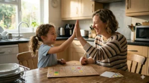 A parent uses a token board and positive reinforcement, a core technique in parent training for children with behavioral problems, to encourage cooperation.
