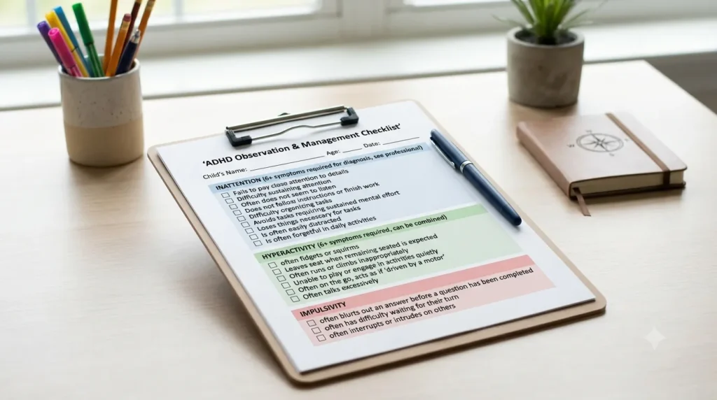 ADHD in Children: A Complete Symptom Checklist for Parents and Teachers A printable ADHD symptom checklist for children with checkboxes for inattention, hyperactivity, and impulsivity symptoms.