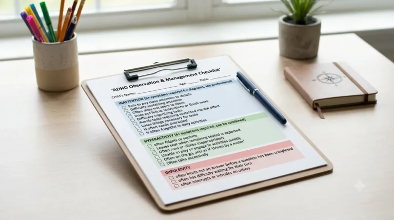 ADHD in Children: A Complete Symptom Checklist for Parents and Teachers A printable ADHD symptom checklist for children with checkboxes for inattention, hyperactivity, and impulsivity symptoms.