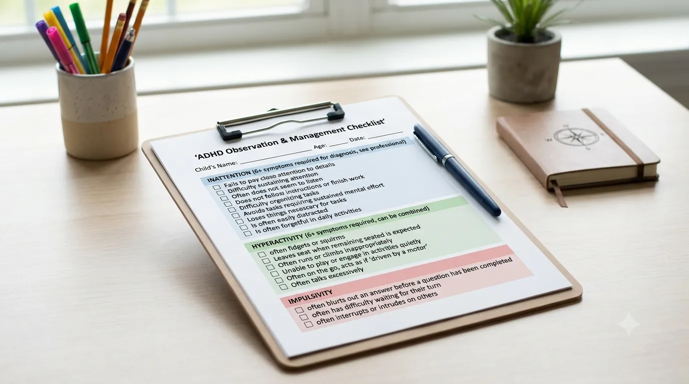 A printable ADHD symptom checklist for children with checkboxes for inattention, hyperactivity, and impulsivity symptoms.