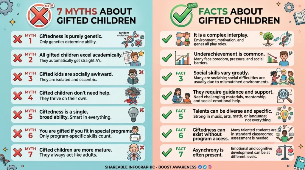 7 Common Myths About Gifted Children: What Every Parent Should Know Infographic debunking 7 common myths about gifted children, with facts and research-based explanations.