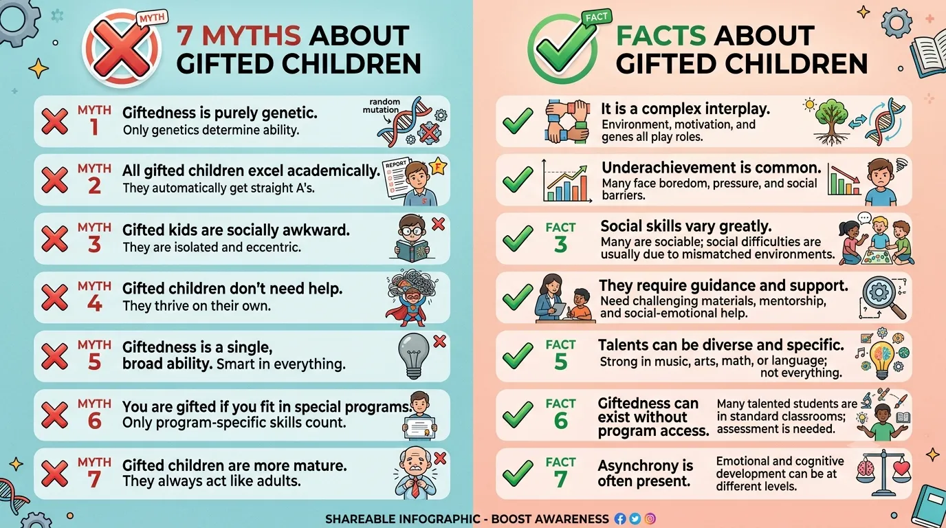 Infographic debunking 7 common myths about gifted children, with facts and research-based explanations.