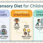 Infographic showing calming, alerting, and organizing sensory diet strategies for children with sensory processing disorder.