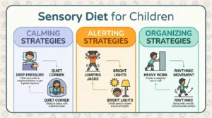 Sensory Processing Disorder in Children: Signs, Triggers, and Sensory Diet Strategies Infographic showing calming, alerting, and organizing sensory diet strategies for children with sensory processing disorder.