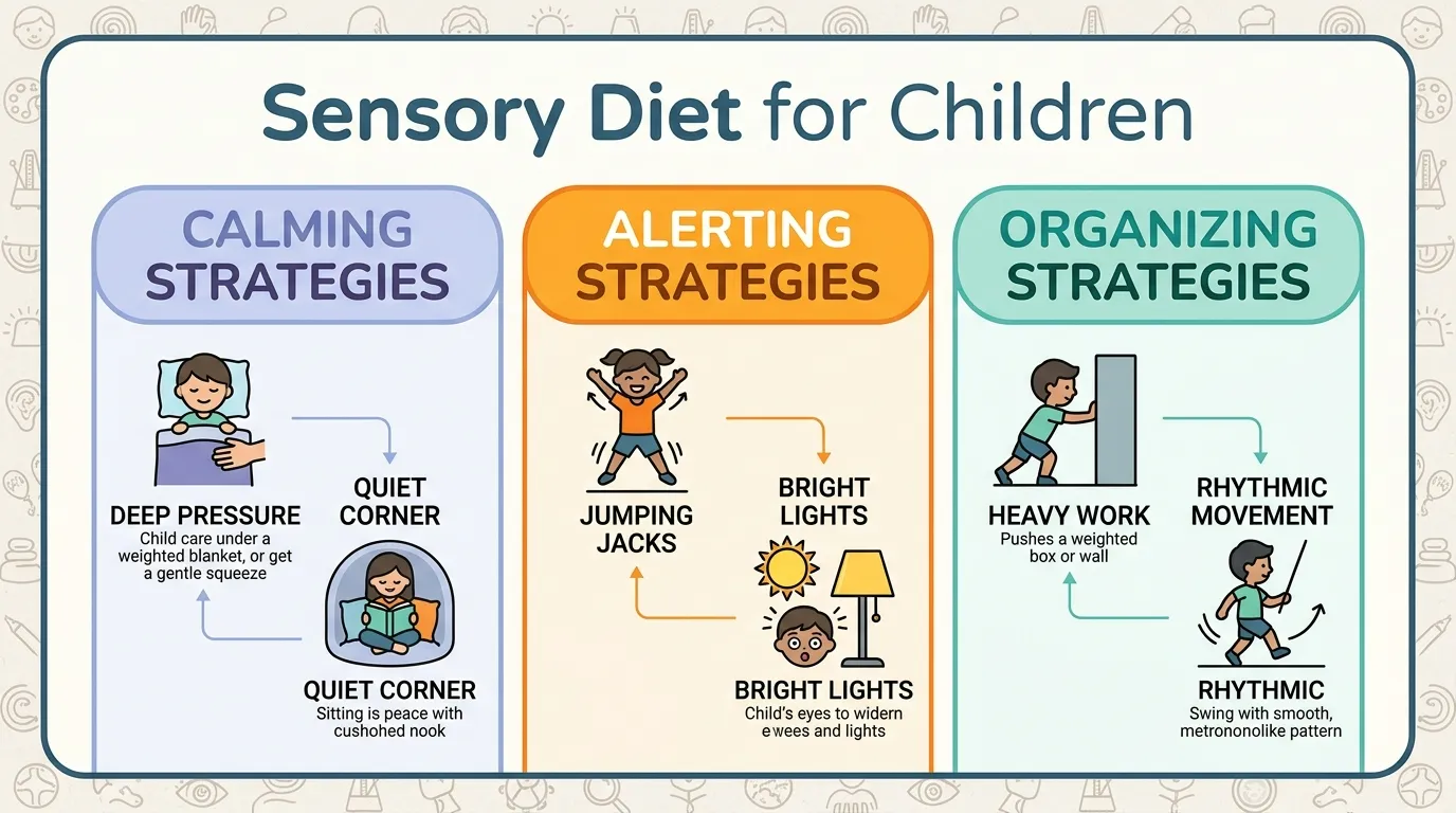 Infographic showing calming, alerting, and organizing sensory diet strategies for children with sensory processing disorder.